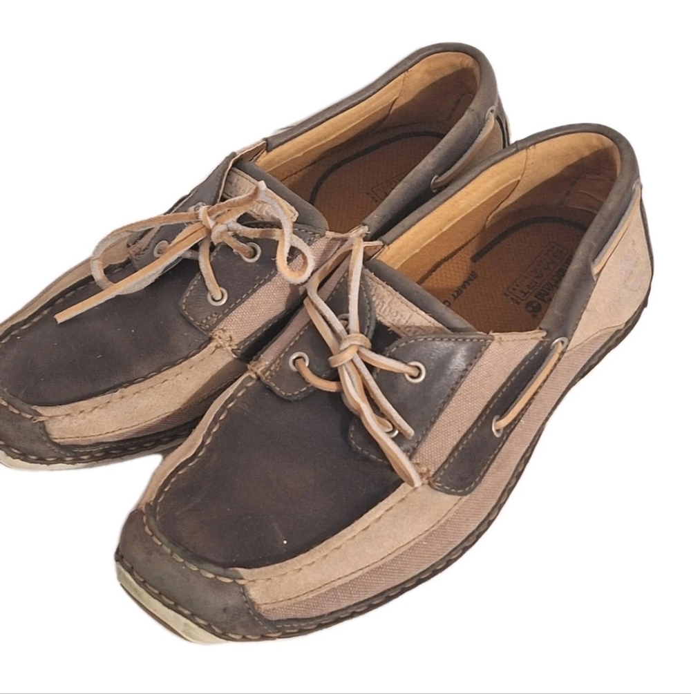 Timberland Annapolis Mens Boat Shoe Brown Tan Canvas Leather Size 10.5 GUC